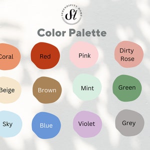 Op de afbeelding: Kleurenpalet met 18 kleurstalen. De kleuren zijn: wit, koraal, rood, roze, vuilroze, geel, mosterd, beige, bruin, mint, groen, thee, bos, lucht, blauw, violet, grijs en zwart.