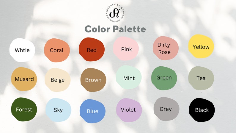 Op de afbeelding: Kleurenpalet met 18 kleurstalen. De kleuren zijn: wit, koraal, rood, roze, vuilroze, geel, mosterd, beige, bruin, mint, groen, thee, bos, lucht, blauw, violet, grijs en zwart.