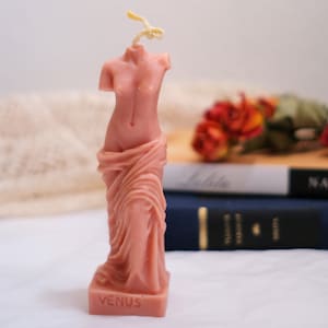 Op de afbeelding: Een roze kaars in de vorm van het standbeeld van de Venus van Milo. De kaars heeft een witte lont en het woord "VENUS" staat op de basis gedrukt.
