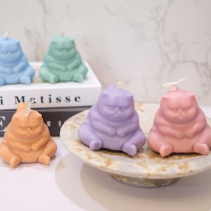 May include: Four colourful cat-shaped candles, each with a different colour: light blue, green, purple, and pink. The candles are sitting on a white book and a marble-patterned plate.