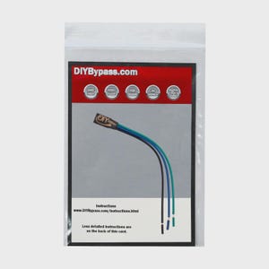May include: A small electronic component with three wires in black, blue, and green, attached to a rectangular connector labeled DIYBypass. The item is packaged in a clear plastic bag with an informational card featuring the website DIYBypass.com.