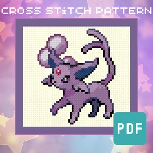Peut inclure: Motif de point de croix d'un Pokémon violet et bleu avec un œil rouge et une longue queue. Le motif est dans un cadre carré avec un fond blanc et une bordure violette. Le texte "CROSS STITCH PATTERN" est en haut du cadre et "PDF" est en bas à droite du cadre.