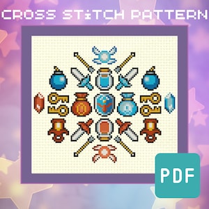 Links Master Item Collage - Geeky Cross Stitch Pattern - PDF Instant Download - Retro Video Game, Gaming Embroidery, Beginner Friendly