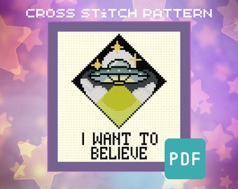 X-Files UFO "I Want to Believe" Cross Stitch Pattern (Instant Download PDF)