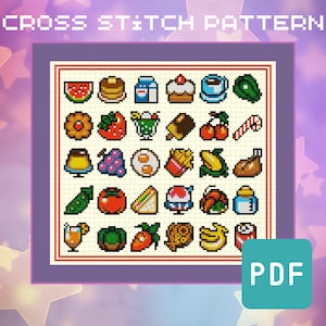 Kirby Inspired Mini Food - Geeky Cross Stitch Pattern - PDF Instant Download - Retro Video Game, Gaming Embroidery, Pixel Art, Beginner