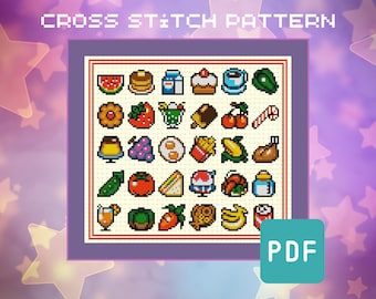 Kirby Inspired Mini Food - Geeky Cross Stitch Pattern - PDF Instant Download - Retro Video Game, Gaming Embroidery, Pixel Art, Beginner