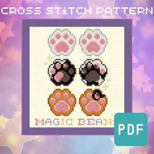May include: Cross stitch pattern featuring three pairs of paw prints in different colours: white, black and brown. The pattern is titled "Magic Bean" and is available as a PDF download.