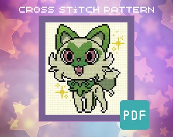 Sprigatito Cross Stitch Pattern - New Starters Cat Embroidery (PDF Download)