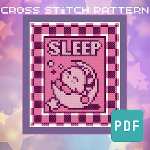 Kirby Inspired Sleeping Poster - Geeky Cross Stitch Pattern - PDF Instant Download - Retro Video Game, Gaming Embroidery, Beginner Friendly