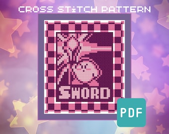 Kirby Inspired Sword Poster - Geeky Cross Stitch Pattern - PDF Instant Download - Retro Video Game, Gaming Embroidery, Beginner Friendly