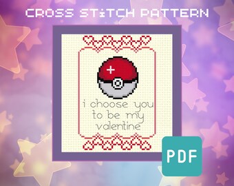 Pokéball Valentine's Day Card Cross Stitch Pattern – Geeky Embroidery (PDF Download)