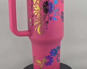 Laser Engraved Dragonfly & Floral 40 oz Tumbler - Pink Rainbow Stainless Steel