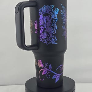 Skulls and Roses rainbow plated Laser Engraved 40oz Tumbler, Skull Lover Gift, Rose Cup