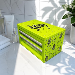 Grinch laser engraved mini toolbox, Kobalt desktop tool chest, lime green, 2-drawer metal storage