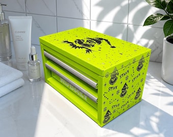 Mini caja de herramientas Grinch grabada con láser, caja de herramientas de escritorio Kobalt, verde lima, almacenamiento metálico de 2 cajones