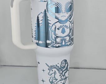 believe big foot alien unicorn - Laser Engraved 40 oz Tumbler white blue plated