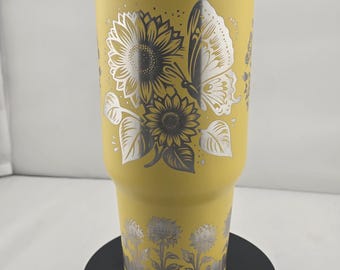 Laser Engraved Sunflower and Butterfly Tumbler: Yellow Hogg 40oz Cup