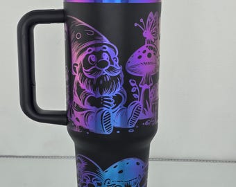 Gnome Mushroom 40 oz Black Rainbow Plated Tumbler with Captivating Purple Design
