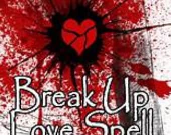 Könnte beinhalten: Ein rotes Herz mit Rissen, umgeben von einem schwarzen Spritzmuster auf einem roten und weißen Hintergrund. Der Text "Break Up Love Spell" ist in weißen Buchstaben geschrieben.