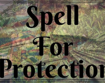 Könnte beinhalten: Ein Bild im Vintage-Stil mit grünem, braunem und gelbem Hintergrund. Der Text "Spell For Protection" ist in schwarzen, fetten Buchstaben geschrieben.