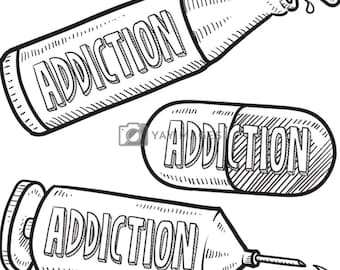 Könnte beinhalten: Eine Schwarzweiß-Zeichnung von drei verschiedenen Objekten, einer Flasche, einer Pille und einer Spritze, die jeweils mit dem Wort "ADDICTION" beschriftet sind.