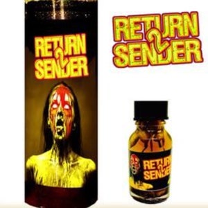 May include: A black candle with a yellow and red label that says "Return to Sender". The label features a scary image of a woman with red eyes and a screaming mouth. A small bottle of oil with a yellow and black label that says "Return to Sender" is also pictured.