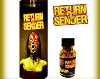 May include: A black candle with a yellow and red label that says "Return to Sender". The label features a scary image of a woman with red eyes and a screaming mouth. A small bottle of oil with a yellow and black label that says "Return to Sender" is also pictured.