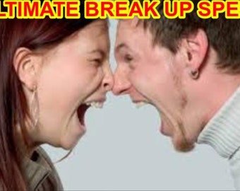 Könnte beinhalten: Eine Nahaufnahme eines Mannes und einer Frau, die sich gegenseitig anschreien. Der Text "ULTIMATE BREAK UP SPELL" wird in gelben Buchstaben oben im Bild angezeigt.