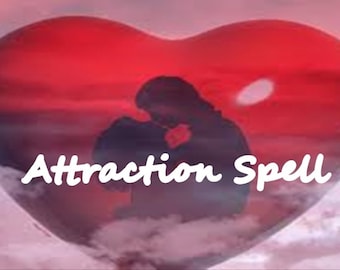Könnte beinhalten: Ein rotes Herz mit einer Silhouette eines Paares, das sich im Inneren umarmt. Der Text "Attraction Spell" ist in Weiß unter dem Paar geschrieben.