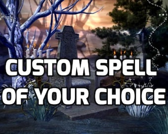 Könnte beinhalten: Ein Steint Thron mit einem keltischen Kreuzdesign steht in einer mystischen Waldlandschaft. Der Thron ist von Kerzen und leuchtenden Kugeln umgeben. Der Text "CUSTOM SPELL OF YOUR CHOICE" wird in weißen Buchstaben auf schwarzem Hintergrund angezeigt.
