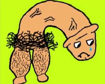 Könnte beinhalten: Eine Cartoon-Illustration einer traurigen, braunen, haarigen Figur mit einer Träne auf der Wange. Die Figur ist nach vorne gebeugt, mit ausgestreckten Armen und Beinen.