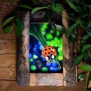 PITTURA ORIGINALE - "coccinella", arte botanica, arte murale incorniciata: acquerello e matita colorata su carta in cornice di legno vintage.