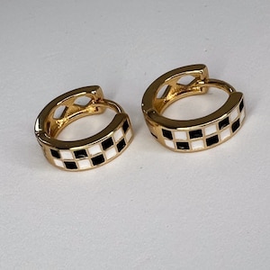 Checkered Earrings | Black And White Hoop Earrings | Gold Filled | Sterling Silver | Retro Earrings | Punk Hoops