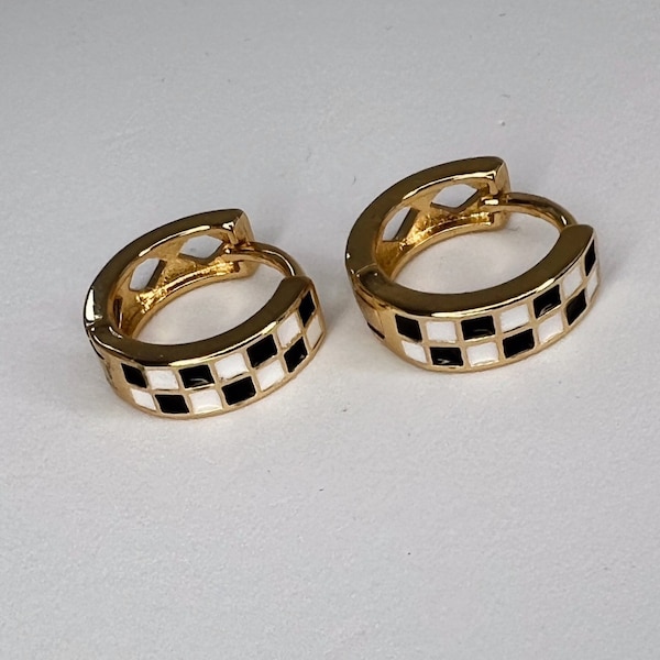 Checkered Earrings | Black And White Hoop Earrings | Gold Filled | Sterling Silver | Retro Earrings | Punk Hoops