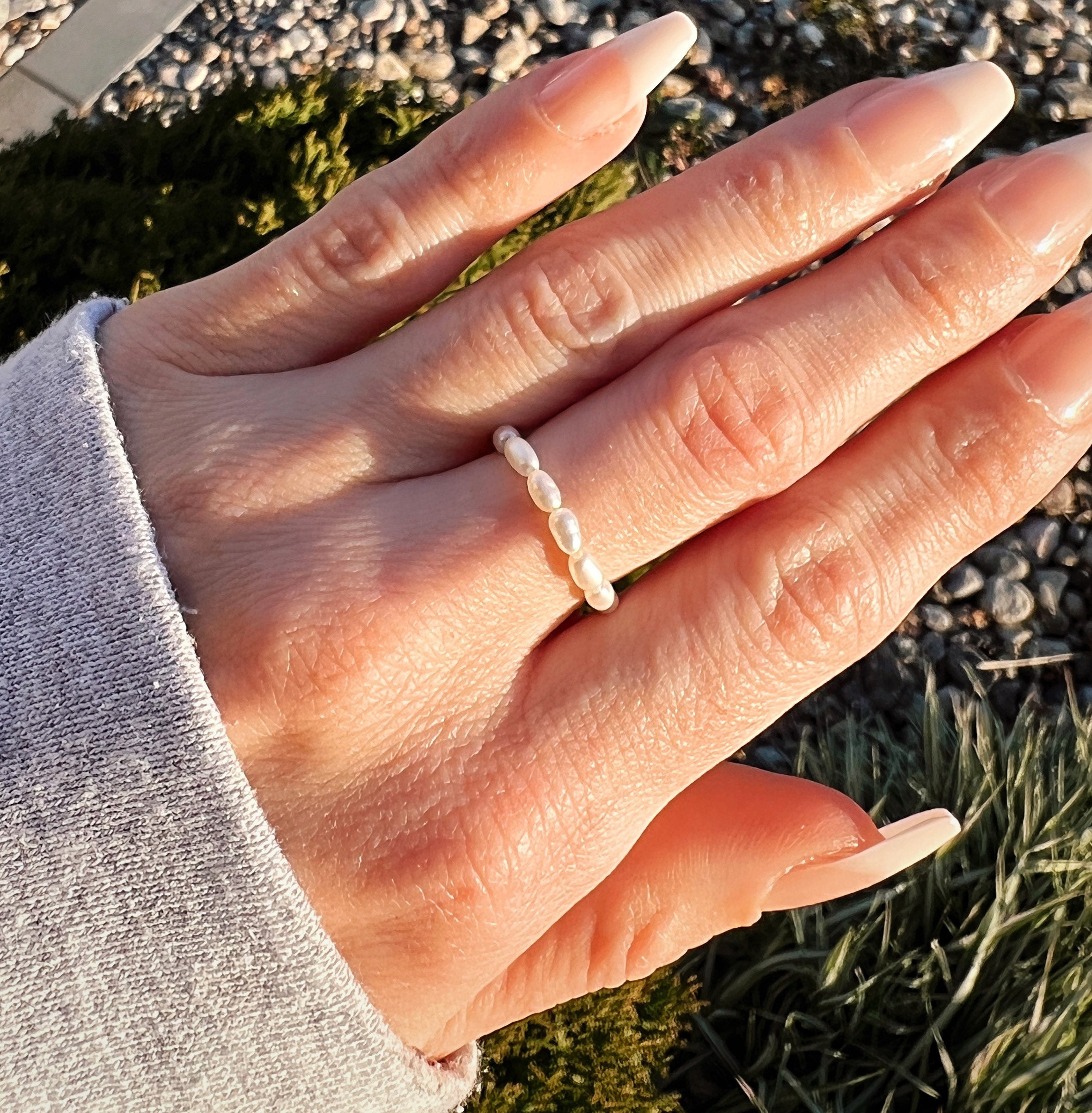 Dainty PEARL RING RICE Pearls Stretch Rings aesthetic Cultured