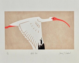 White Ibis Linocut Print – Handprinted Limited Edition Bird Art