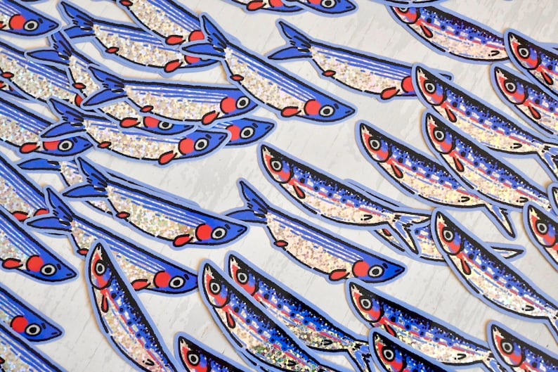 May include: A collection of blue and white fish stickers with glitter accents. The fish are arranged in rows and are all facing the same direction.