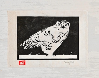 Snowy Owl - Linocut Print - Gifts for Bird Watchers- Original Arctic Wall Art