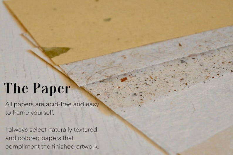 May include: Close-up of a stack of textured papers. The papers are acid-free and easy to frame. The text "The Paper" is visible at the top of the image.  The text below reads: "All papers are acid-free and easy to frame yourself. I always select naturally textured and colored papers that compliment the finished artwork."