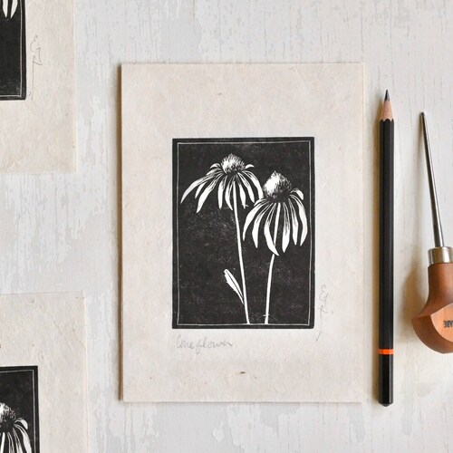 Échinacée pourpre pâle - linogravure fleurs sauvages