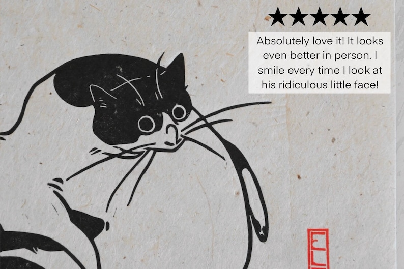 May include: Black and white line art print of a cat with a surprised expression. The cat is looking to the right and has a long tail.