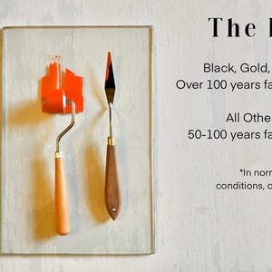 May include: A close-up of a paint roller and two palette knives on a glass surface. The text "The Ink" is visible above the tools, along with information about the ink's fade-resistance.