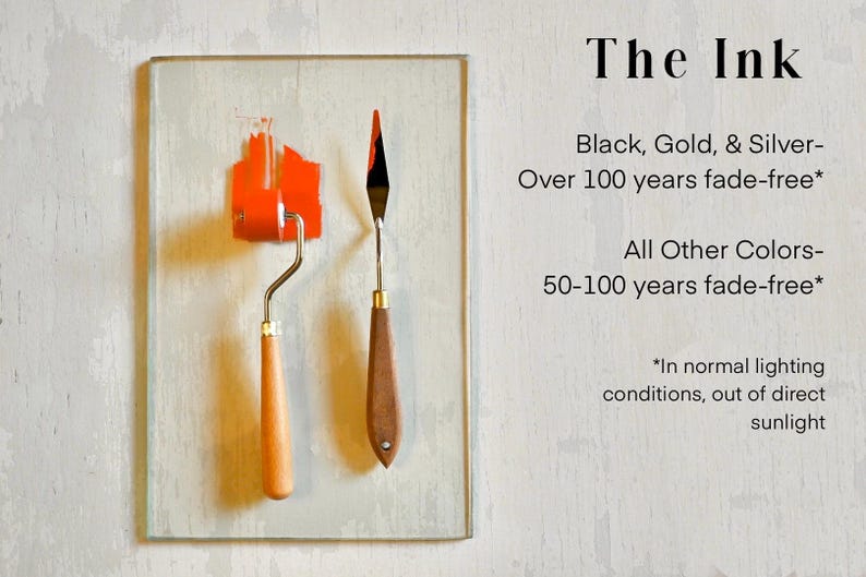 May include: A close-up of a paint roller and two palette knives on a glass surface. The text "The Ink" is visible above the tools, along with information about the ink's fade-resistance.