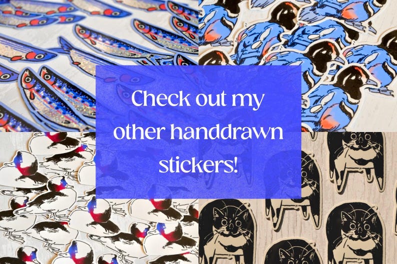 May include: Assortment of hand-drawn stickers featuring various designs, including fish, ducks, and cats. The stickers are printed on white paper and have a colorful, whimsical style. The text "Check out my other hand-drawn stickers!" is displayed in a blue box.