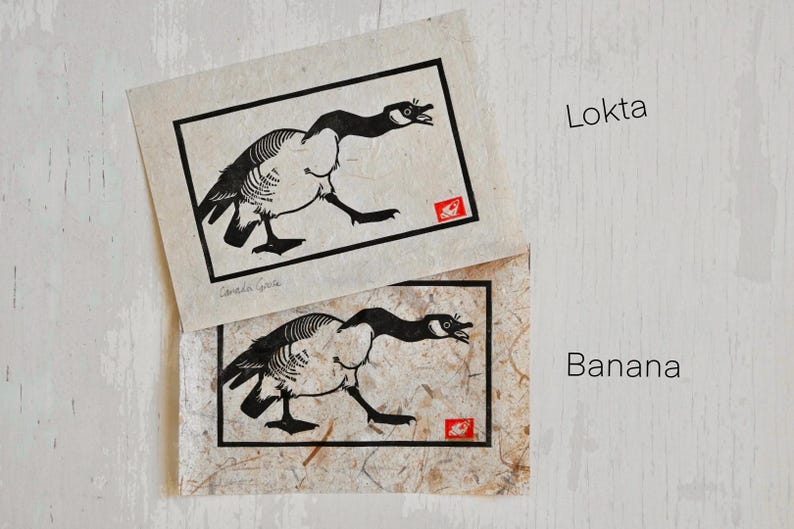 May include: Two black and white prints of a Canada Goose on different types of paper. The top print is on Lokta paper and the bottom print is on Banana paper.