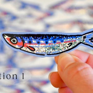 May include: A blue and silver glitter fish sticker with red and white details. The sticker is on a hand.