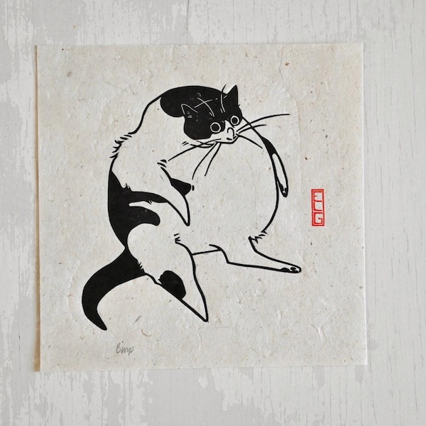 Eructo - Grabado en linóleo de gato gordo