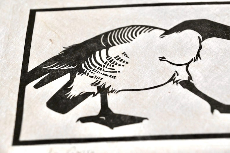 May include: Black and white illustration of a goose with its head turned back, looking at its tail feathers. The goose is depicted in a simple, stylized manner, with its body outlined in black and its feathers represented by a series of lines.