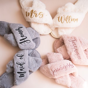 Wedding Slippers Super Fluffy, Women&#39;s Cross Plush Slippers. Warm and Cozy House Slippers for her, Bride Slippers, Bachelorette Party gift