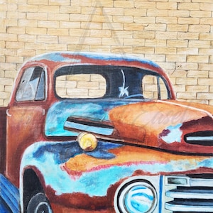 Old Red Truck, Rustic, Blue, Orange, Antique, Brick, Acrylic Painting, Colorful